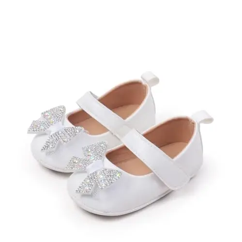 Bellocasa Baby Mary Jane Flats for Girls with Bowknot Cotton Anti Skid Sole Infant First Walker Princess Dress Crib Wedding Shoes - 1