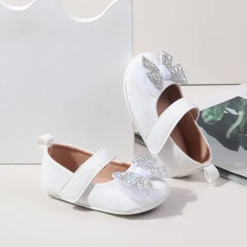Bellocasa Baby Mary Jane Flats for Girls with Bowknot Cotton Anti Skid Sole Infant First Walker Princess Dress Crib Wedding Shoes - 5