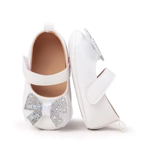 Bellocasa Baby Mary Jane Flats for Girls with Bowknot Cotton Anti Skid Sole Infant First Walker Princess Dress Crib Wedding Shoes - 2