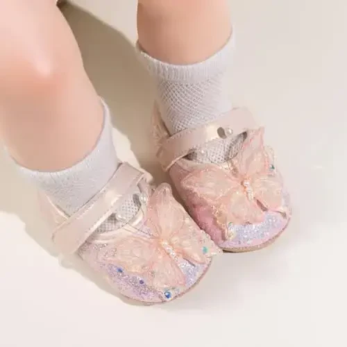 Bellocasa Baby Mary Jane Flats for Girls with Bowknot Cotton Anti Skid Sole Infant First Walker Princess Dress Crib Wedding Shoes - BELLOCASA (1)