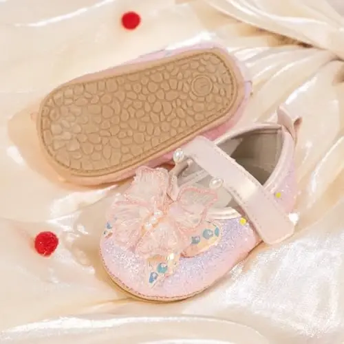 Bellocasa Baby Mary Jane Flats for Girls with Bowknot Cotton Anti Skid Sole Infant First Walker Princess Dress Crib Wedding Shoes - 3