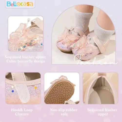 Bellocasa Baby Mary Jane Flats for Girls with Bowknot Cotton Anti Skid Sole Infant First Walker Princess Dress Crib Wedding Shoes - 5