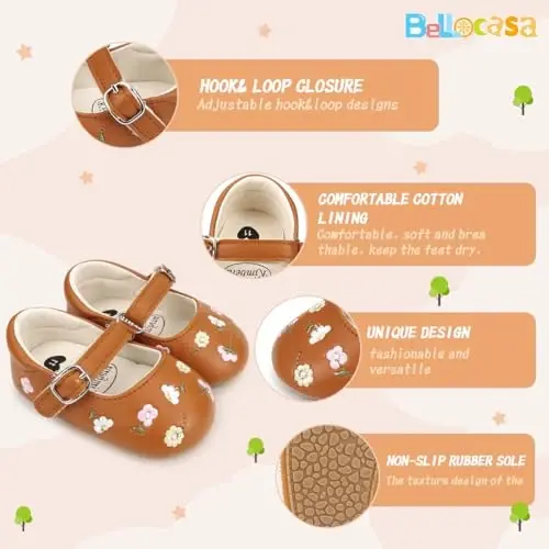 Bellocasa Baby Mary Jane Flats for Girls with Bowknot Cotton Anti Skid Sole Infant First Walker Princess Dress Crib Wedding Shoes - 6