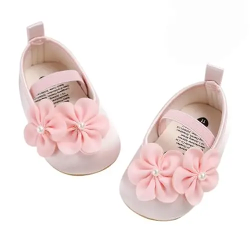 Bellocasa Baby Mary Jane Flats for Girls with Bowknot Cotton Anti Skid Sole Infant First Walker Princess Dress Crib Wedding Shoes - 1
