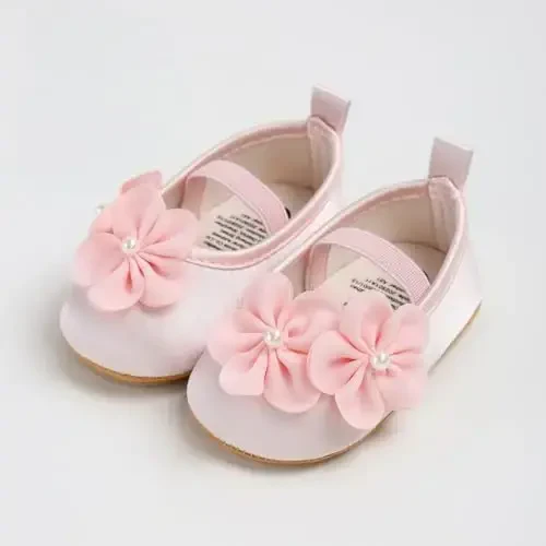 Bellocasa Baby Mary Jane Flats for Girls with Bowknot Cotton Anti Skid Sole Infant First Walker Princess Dress Crib Wedding Shoes - 5