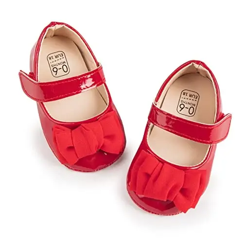 Bellocasa Baby Mary Jane Flats for Girls with Bowknot Cotton Anti Skid Sole Infant First Walker Princess Dress Crib Wedding Shoes - 1