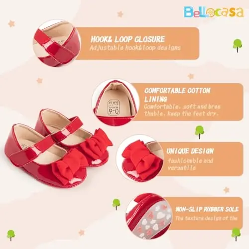 Bellocasa Baby Mary Jane Flats for Girls with Bowknot Cotton Anti Skid Sole Infant First Walker Princess Dress Crib Wedding Shoes - 5