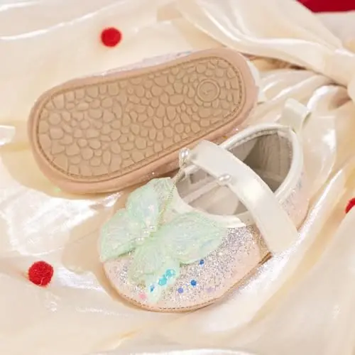 Bellocasa Baby Mary Jane Flats for Girls with Bowknot Cotton Anti Skid Sole Infant First Walker Princess Dress Crib Wedding Shoes - 3