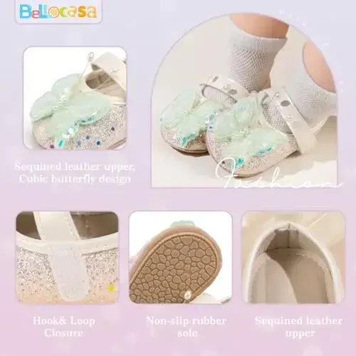 Bellocasa Baby Mary Jane Flats for Girls with Bowknot Cotton Anti Skid Sole Infant First Walker Princess Dress Crib Wedding Shoes - 5
