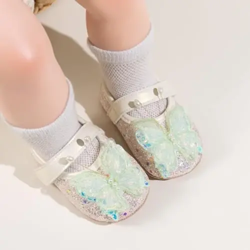 Bellocasa Baby Mary Jane Flats for Girls with Bowknot Cotton Anti Skid Sole Infant First Walker Princess Dress Crib Wedding Shoes - 2