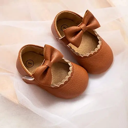 Bellocasa Baby Mary Jane Flats for Girls with Bowknot Cotton Anti Skid Sole Infant First Walker Princess Dress Crib Wedding Shoes - 5