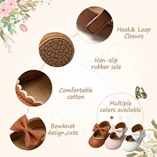 Bellocasa Baby Mary Jane Flats for Girls with Bowknot Cotton Anti Skid Sole Infant First Walker Princess Dress Crib Wedding Shoes - 3