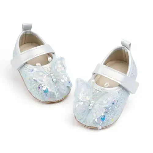 Bellocasa Baby Mary Jane Flats for Girls with Bowknot Cotton Anti Skid Sole Infant First Walker Princess Dress Crib Wedding Shoes 