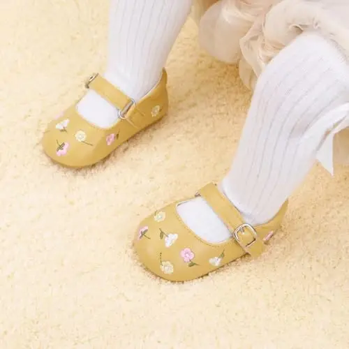 Bellocasa Baby Mary Jane Flats for Girls with Bowknot Cotton Anti Skid Sole Infant First Walker Princess Dress Crib Wedding Shoes - 2
