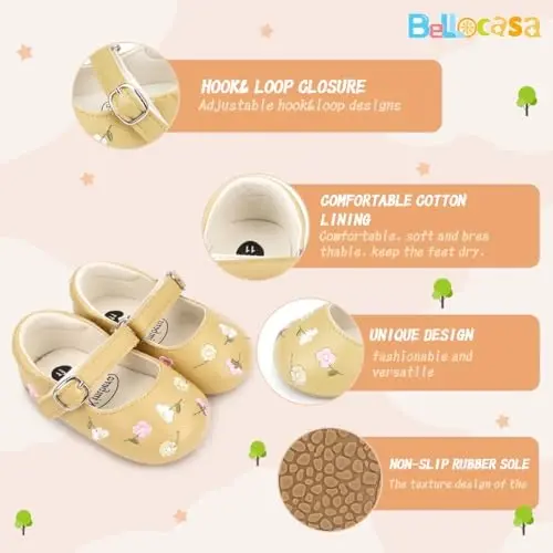 Bellocasa Baby Mary Jane Flats for Girls with Bowknot Cotton Anti Skid Sole Infant First Walker Princess Dress Crib Wedding Shoes - 6