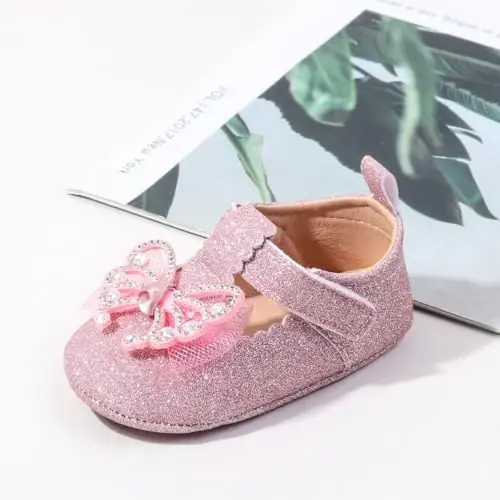 Bellocasa Baby Mary Jane Flats for Girls with Bowknot Cotton Anti Skid Sole Infant First Walker Princess Dress Crib Wedding Shoes - 3