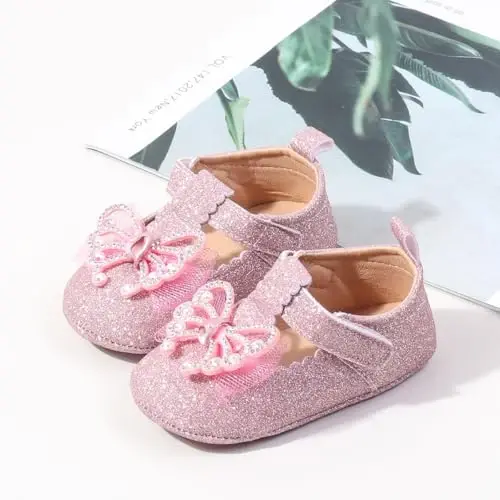 Bellocasa Baby Mary Jane Flats for Girls with Bowknot Cotton Anti Skid Sole Infant First Walker Princess Dress Crib Wedding Shoes - 4