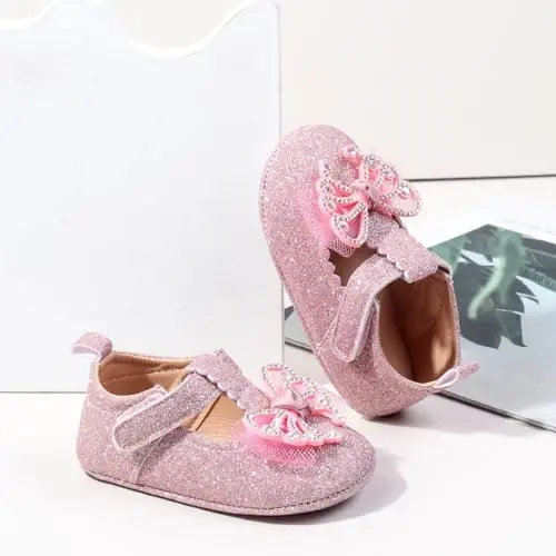 Bellocasa Baby Mary Jane Flats for Girls with Bowknot Cotton Anti Skid Sole Infant First Walker Princess Dress Crib Wedding Shoes - 5
