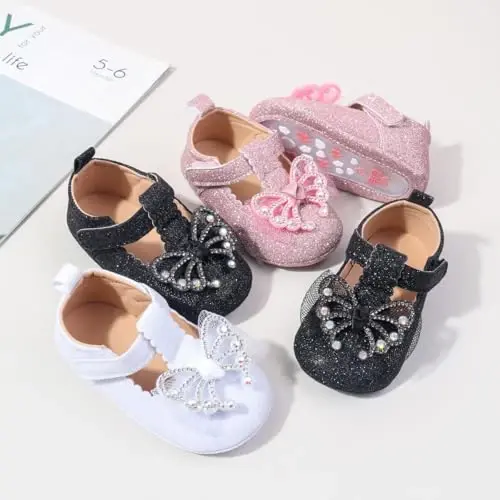 Bellocasa Baby Mary Jane Flats for Girls with Bowknot Cotton Anti Skid Sole Infant First Walker Princess Dress Crib Wedding Shoes - 6