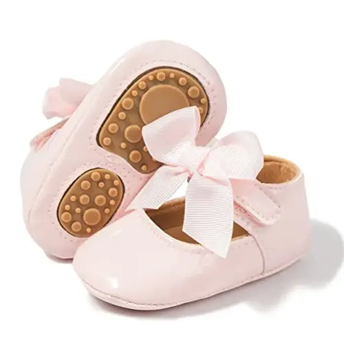 Bellocasa Baby Mary Jane Flats for Girls with Bowknot Cotton Anti Skid Sole Infant First Walker Princess Dress Crib Wedding Shoes - 1