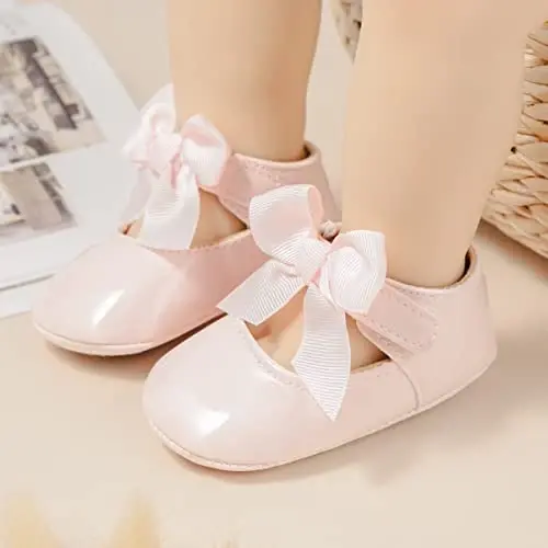 Bellocasa Baby Mary Jane Flats for Girls with Bowknot Cotton Anti Skid Sole Infant First Walker Princess Dress Crib Wedding Shoes - 2