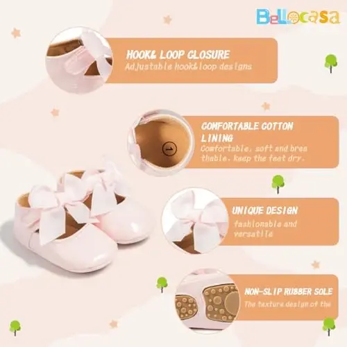 Bellocasa Baby Mary Jane Flats for Girls with Bowknot Cotton Anti Skid Sole Infant First Walker Princess Dress Crib Wedding Shoes - 3