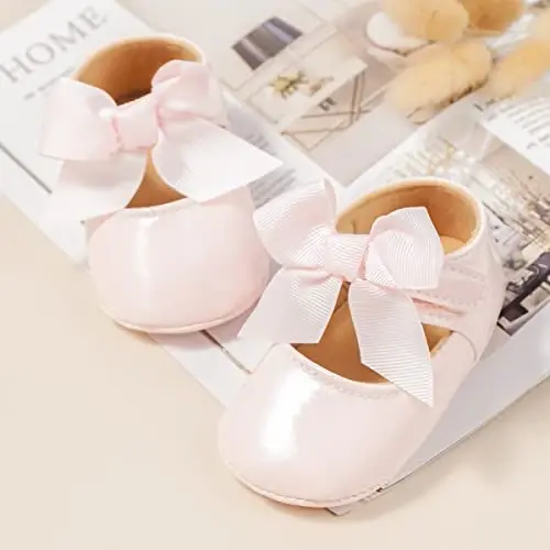 Bellocasa Baby Mary Jane Flats for Girls with Bowknot Cotton Anti Skid Sole Infant First Walker Princess Dress Crib Wedding Shoes - 4