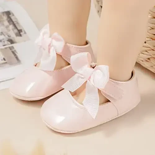 Bellocasa Baby Mary Jane Flats for Girls with Bowknot Cotton Anti Skid Sole Infant First Walker Princess Dress Crib Wedding Shoes - 2
