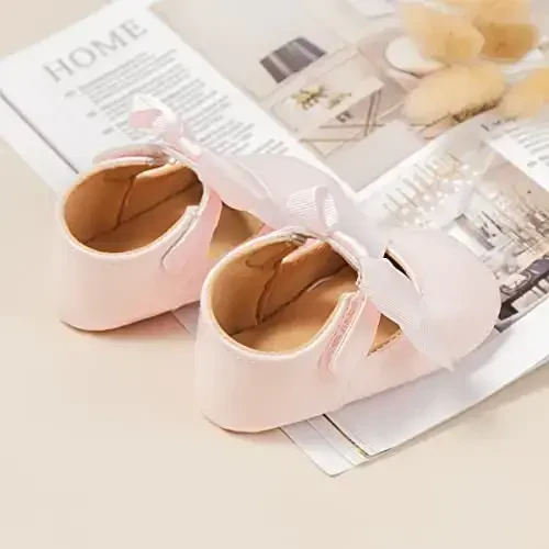 Bellocasa Baby Mary Jane Flats for Girls with Bowknot Cotton Anti Skid Sole Infant First Walker Princess Dress Crib Wedding Shoes - 5