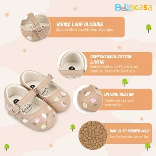 Bellocasa Baby Mary Jane Flats for Girls with Bowknot Cotton Anti Skid Sole Infant First Walker Princess Dress Crib Wedding Shoes - 6