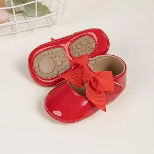 Bellocasa Baby Mary Jane Flats for Girls with Bowknot Cotton Anti Skid Sole Infant First Walker Princess Dress Crib Wedding Shoes - 4