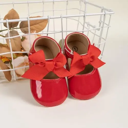 Bellocasa Baby Mary Jane Flats for Girls with Bowknot Cotton Anti Skid Sole Infant First Walker Princess Dress Crib Wedding Shoes - 5