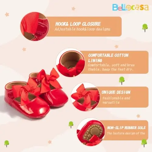 Bellocasa Baby Mary Jane Flats for Girls with Bowknot Cotton Anti Skid Sole Infant First Walker Princess Dress Crib Wedding Shoes - 3