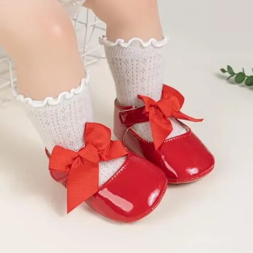 Bellocasa Baby Mary Jane Flats for Girls with Bowknot Cotton Anti Skid Sole Infant First Walker Princess Dress Crib Wedding Shoes - 2