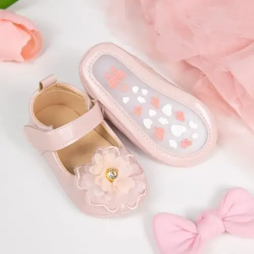 Bellocasa Baby Mary Jane Flats for Girls with Bowknot Cotton Anti Skid Sole Infant First Walker Princess Dress Crib Wedding Shoes - 3