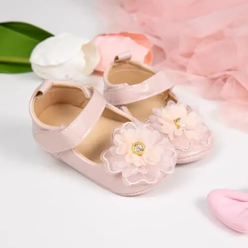 Bellocasa Baby Mary Jane Flats for Girls with Bowknot Cotton Anti Skid Sole Infant First Walker Princess Dress Crib Wedding Shoes - 4