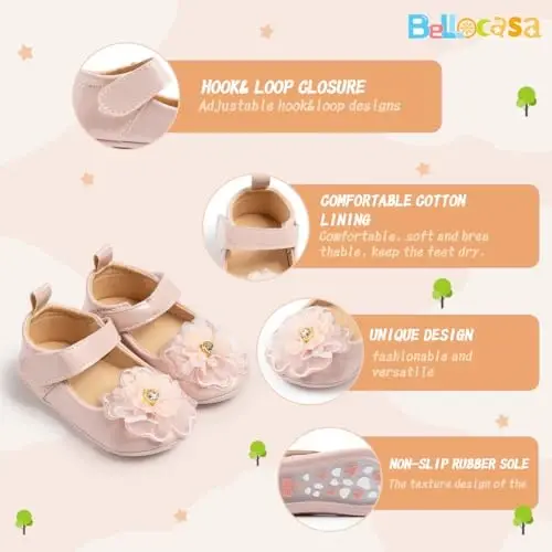 Bellocasa Baby Mary Jane Flats for Girls with Bowknot Cotton Anti Skid Sole Infant First Walker Princess Dress Crib Wedding Shoes - 5