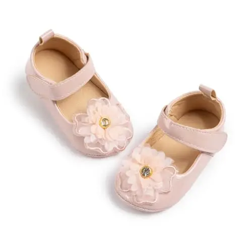 Bellocasa Baby Mary Jane Flats for Girls with Bowknot Cotton Anti Skid Sole Infant First Walker Princess Dress Crib Wedding Shoes - 1