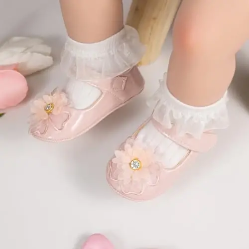 Bellocasa Baby Mary Jane Flats for Girls with Bowknot Cotton Anti Skid Sole Infant First Walker Princess Dress Crib Wedding Shoes - 2
