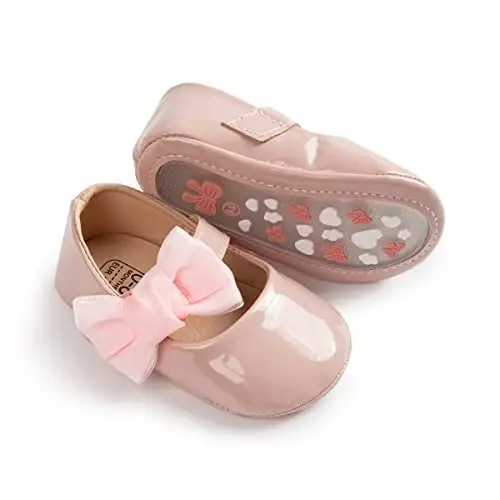 Bellocasa Baby Mary Jane Flats for Girls with Bowknot Cotton Anti Skid Sole Infant First Walker Princess Dress Crib Wedding Shoes - 3