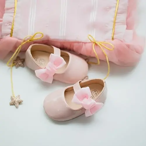 Bellocasa Baby Mary Jane Flats for Girls with Bowknot Cotton Anti Skid Sole Infant First Walker Princess Dress Crib Wedding Shoes - 4