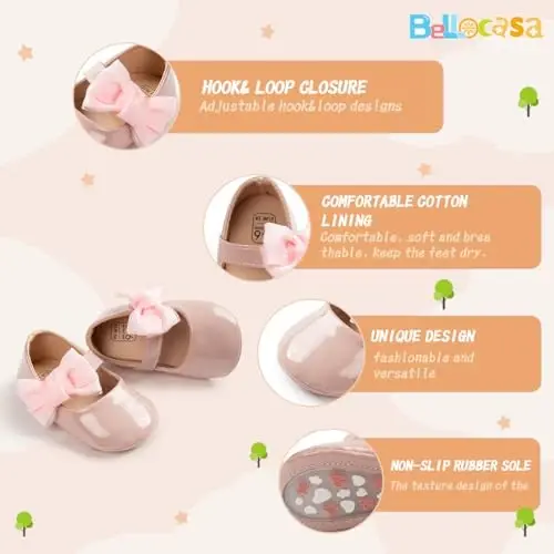 Bellocasa Baby Mary Jane Flats for Girls with Bowknot Cotton Anti Skid Sole Infant First Walker Princess Dress Crib Wedding Shoes - 5