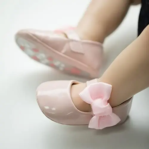 Bellocasa Baby Mary Jane Flats for Girls with Bowknot Cotton Anti Skid Sole Infant First Walker Princess Dress Crib Wedding Shoes - 2