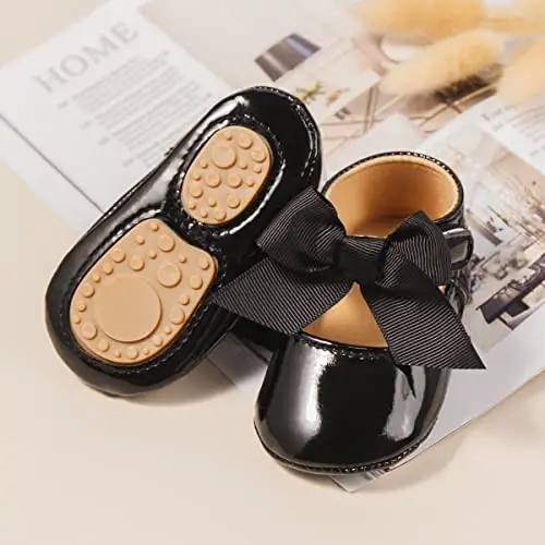 Bellocasa Baby Mary Jane Flats for Girls with Bowknot Cotton Anti Skid Sole Infant First Walker Princess Dress Crib Wedding Shoes - 3