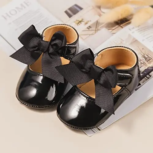Bellocasa Baby Mary Jane Flats for Girls with Bowknot Cotton Anti Skid Sole Infant First Walker Princess Dress Crib Wedding Shoes - 5