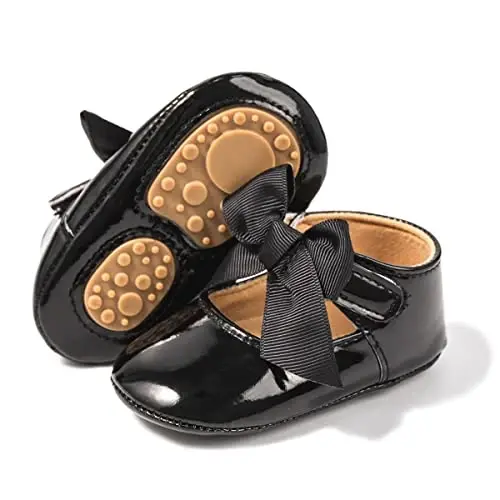 Bellocasa Baby Mary Jane Flats for Girls with Bowknot Cotton Anti Skid Sole Infant First Walker Princess Dress Crib Wedding Shoes - 1