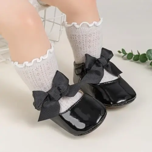 Bellocasa Baby Mary Jane Flats for Girls with Bowknot Cotton Anti Skid Sole Infant First Walker Princess Dress Crib Wedding Shoes - BELLOCASA (1)