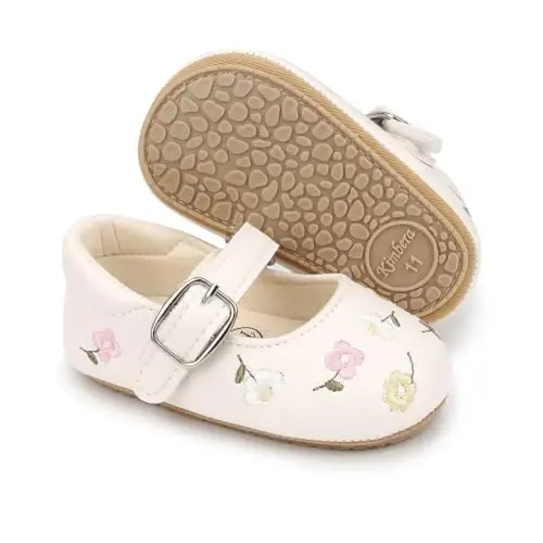 Bellocasa Baby Mary Jane Flats for Girls with Bowknot Cotton Anti Skid Sole Infant First Walker Princess Dress Crib Wedding Shoes - 1