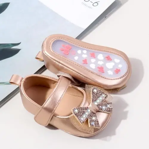 Bellocasa Baby Mary Jane Flats for Girls with Bowknot Cotton Anti Skid Sole Infant First Walker Princess Dress Crib Wedding Shoes - 3