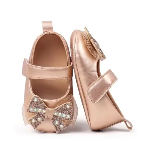 Bellocasa Baby Mary Jane Flats for Girls with Bowknot Cotton Anti Skid Sole Infant First Walker Princess Dress Crib Wedding Shoes - 2